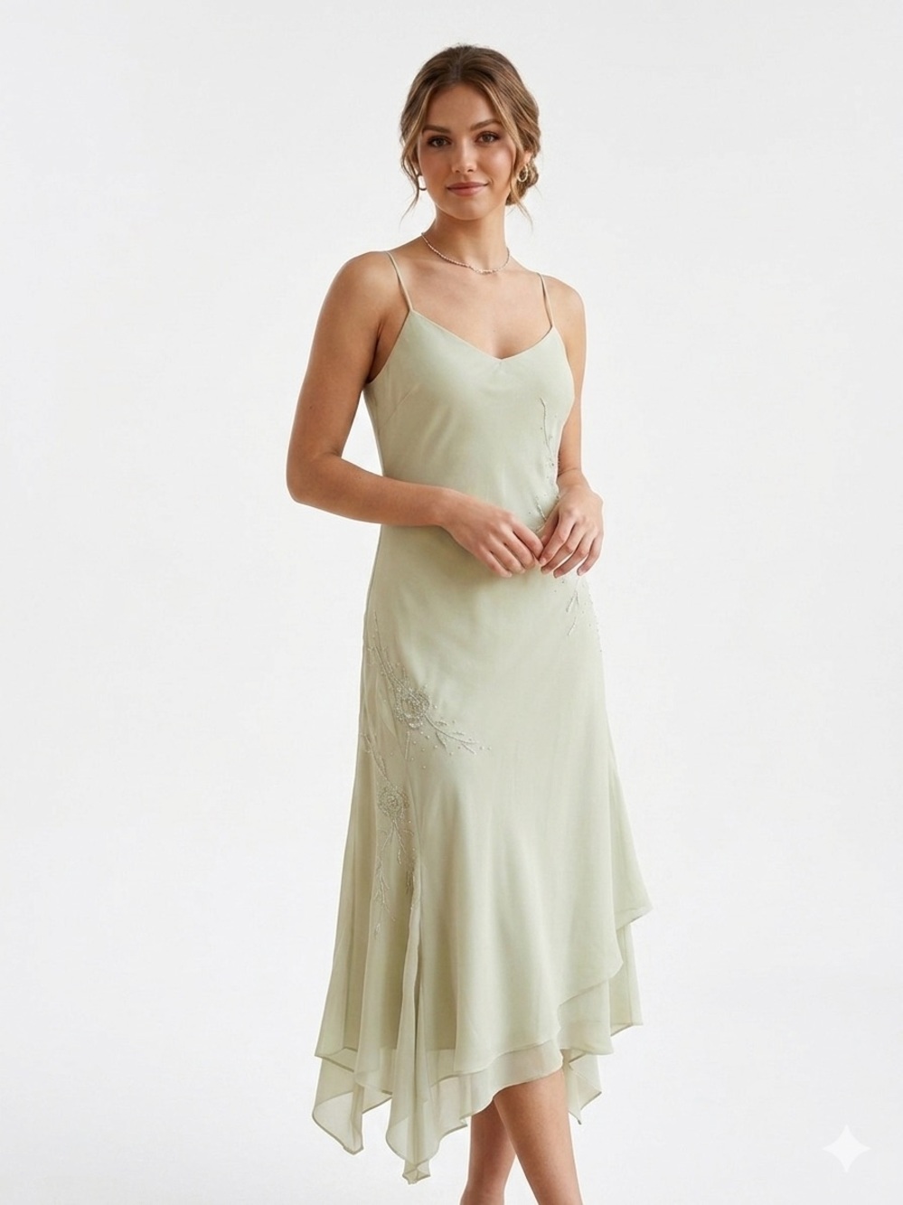VTG Sage Green Beaded Asymmetrical Midi slip Dress Size 8 Fairycore